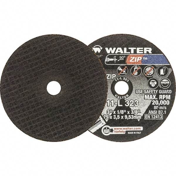 WALTER Surface Technologies - 3" 24 Grit Aluminum Oxide Cutoff Wheel - 1/8" Thick, 3/8" Arbor, 20,000 Max RPM, Use with Die Grinders - Americas Industrial Supply