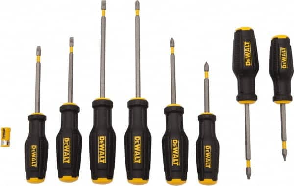 DeWALT - 8 Piece Phillips, Slotted & Square Screwdriver Set - Ergonomic & Bi-material Handle, Blade Sizes: Length 3 to 6, Width 3/16, 1/4 & 5/16, Bit Sizes: Philips #1 to #3 - Americas Industrial Supply