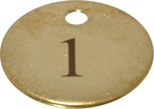 Value Collection - 1-1/4" High x 1-1/4" Long, 1 to 25, English Safety & Facility Numbered Tag - 1 Side, Brass - Americas Industrial Supply