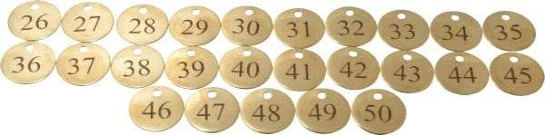 Value Collection - 1-1/4" High x 1-1/4" Long, 26 to 50, English Safety & Facility Numbered Tag - 1 Side, Brass - Americas Industrial Supply