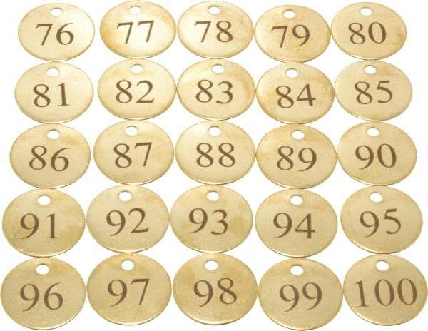 Value Collection - 1-1/4" High x 1-1/4" Long, 76 to 100, English Safety & Facility Numbered Tag - 1 Side, Brass - Americas Industrial Supply