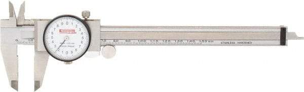SPI - 0mm to 150mm Range, 0.02 mm Graduation, 2mm per Revolution, Dial Caliper - White Face, 40mm Jaw Length, Accurate to 0.02mm - Americas Industrial Supply