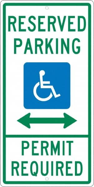 NMC - "Reserved Parking Permit Required", "Handicap Symbol", 12" Wide x 24" High, Aluminum ADA Signs - 0.063" Thick, Green & Blue on White, Rectangle, Post Mount - Americas Industrial Supply