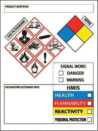 NMC - Hazardous Materials Label, Header: WARNING - Legend: GHS - Graphic, English, White, Red, Blue, Yellow & Black, 3" Long x 4" High, No Coating - Americas Industrial Supply