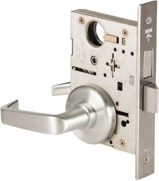 Best - Grade 1 Privacy Lever Lockset - 2-3/4" Back Set, Keyless Cylinder, Brass Alloy, Satin Chrome Finish - Americas Industrial Supply