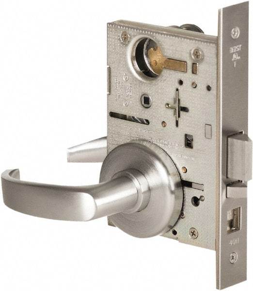 Stanley - Grade 1 Classroom Intruder Lever Lockset - 2-3/4" Back Set, Best SFIC Cylinder, Brass Alloy, Satin Chrome Finish - Americas Industrial Supply