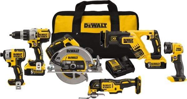 DeWALT - 20 Volt Cordless Tool Combination Kit - Includes 1/2" Brushless Hammerdrill, 1/4" Brushless Impact Driver, Brushless Reciprocating Saw, 7-1/2" Brushless Circular Saw, Oscillating Tool & LED Worklight, Lithium-Ion Battery Included - Americas Industrial Supply