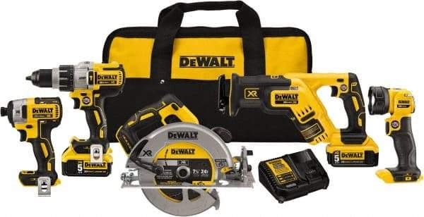 DeWALT - 20 Volt Cordless Tool Combination Kit - Includes 1/2" Brushless Hammerdrill, 1/4" Brushless Impact Driver, Brushless Reciprocating Saw, 7-1/2" Brushless Circular Saw & LED Worklight, Lithium-Ion Battery Included - Americas Industrial Supply