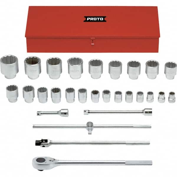 Proto - 29 Piece 1" Drive Chrome Finish Socket Set - 12 Points, 1-1/16" to 3-1/2" Range, Inch Measurement Standard - Americas Industrial Supply