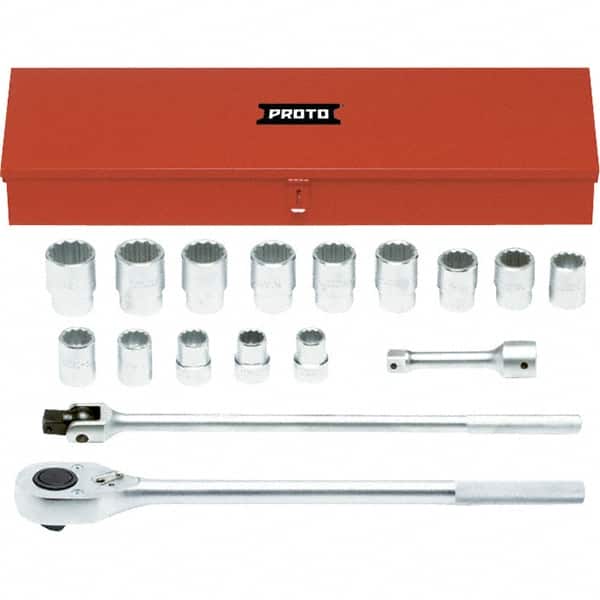 Proto - 17 Piece 1" Drive Chrome Finish Socket Set - 12 Points, 1-1/16" to 2" Range, Inch Measurement Standard - Americas Industrial Supply
