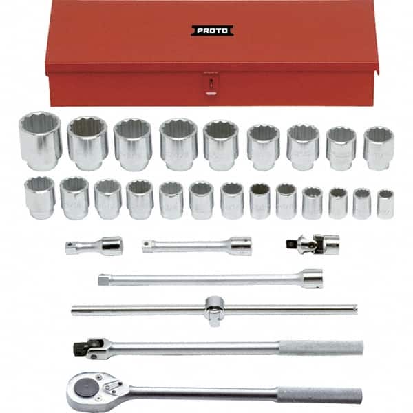 Proto - 29 Piece 3/4" Drive Chrome Finish Socket Set - 12 Points, 7/8" to 2-3/8" Range, Inch Measurement Standard - Americas Industrial Supply