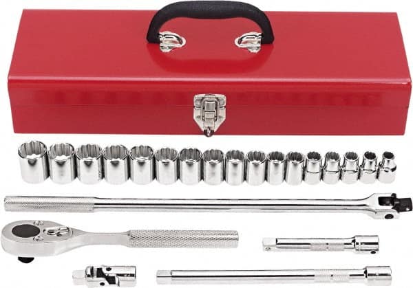 Proto - 22 Piece 1/2" Drive Chrome Finish Socket Set - 12 Points, 10mm to 26mm Range, Metric Measurement Standard - Americas Industrial Supply
