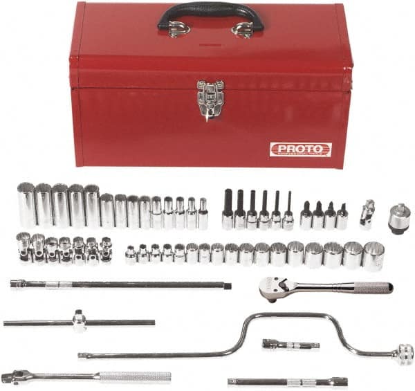 Proto - 57 Piece 3/8" Drive Chrome Finish Deep Well Socket Set - 12 Points, 6mm to 22mm Range, Metric Measurement Standard - Americas Industrial Supply