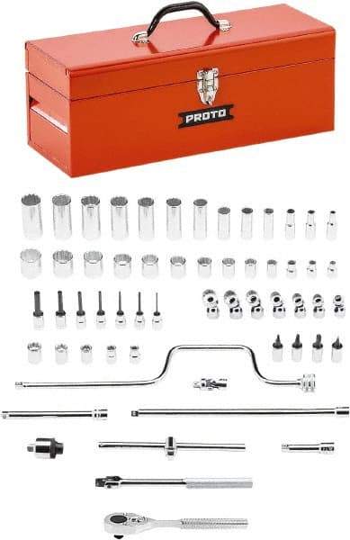 Proto - 58 Piece 3/8" Drive Chrome Finish Deep Well Socket Set - 8, 12 Points, 1/4" to 1" Range, Inch Measurement Standard - Americas Industrial Supply
