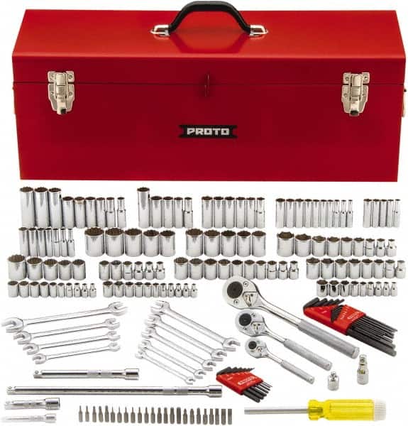 Proto - 184 Piece 1/4", 3/8" & 1/2" Drive Chrome Finish Deep Well Socket Set - 6, 12 Points, 3/16" to 1" (4mm to 22mm) Range, Inch/Metric Measurement Standard - Americas Industrial Supply