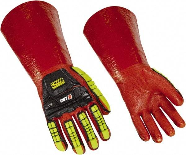 Ringers Gloves - Size XL (12), 14" Long, 10 mil Thick, PVC Chemical Resistant Gloves - Textured Finish, KEVLAR Lined, Gauntlet Cuff, ANSI Abrasion Level 4, ANSI Cut Level 3, Hi-Viz Yellow/Red - Americas Industrial Supply