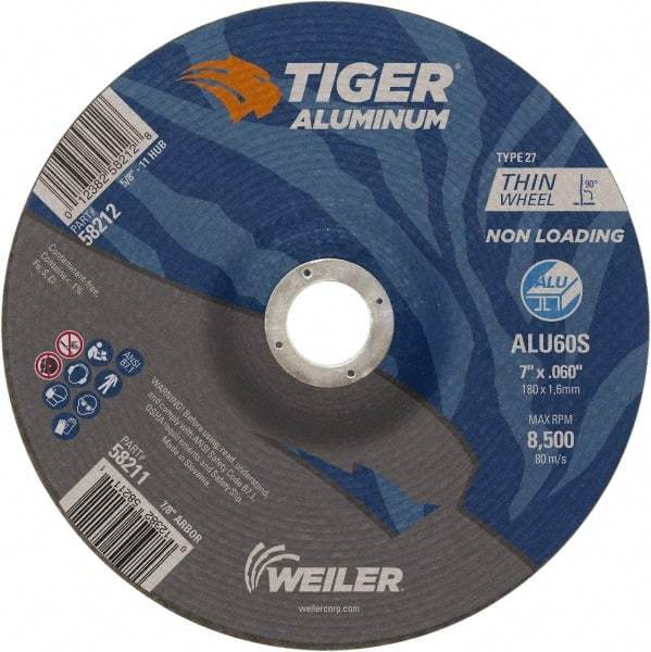 Weiler - 7" 60 Grit Aluminum Oxide/Silicon Carbide Blend Cutoff Wheel - 0.06" Thick, 7/8" Arbor, 8,500 Max RPM, Use with Angle Grinders - Americas Industrial Supply