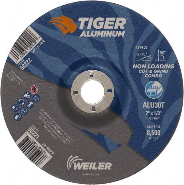Weiler - 7" 30 Grit Aluminum Oxide/Silicon Carbide Blend Cutoff Wheel - 1/8" Thick, 7/8" Arbor, 8,500 Max RPM, Use with Angle Grinders - Americas Industrial Supply