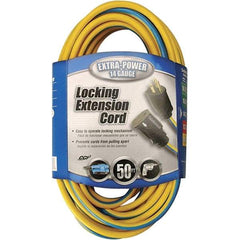 Southwire - 50', 14/3 Gauge/Conductors, Blue & Yellow Locking Extension Cord - 15 Amps, 125 VAC, UL SJTW, NEMA 5-15P - Americas Industrial Supply