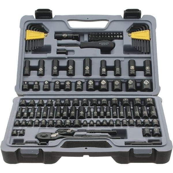 Stanley - 123 Piece 1/4" Drive Black Chrome Finish Socket Set - 12 Points, 5/32" to 1/2" (4mm to 12mm) Range, Inch/Metric Measurement Standard - Americas Industrial Supply