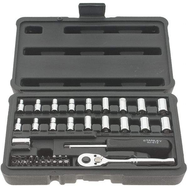 Stanley - 41 Piece 1/4" Drive Chrome Finish Socket Set - 12 Points, 5/32" to 11/16" (4mm to 17mm) Range, Inch/Metric Measurement Standard - Americas Industrial Supply