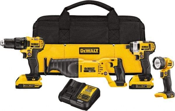 DeWALT - 20 Volt Cordless Tool Combination Kit - Includes 1/2" Drill/Driver, 1/4" Impact Driver, Reciprocating Saw & LED Worklight, Lithium-Ion Battery Included - Americas Industrial Supply