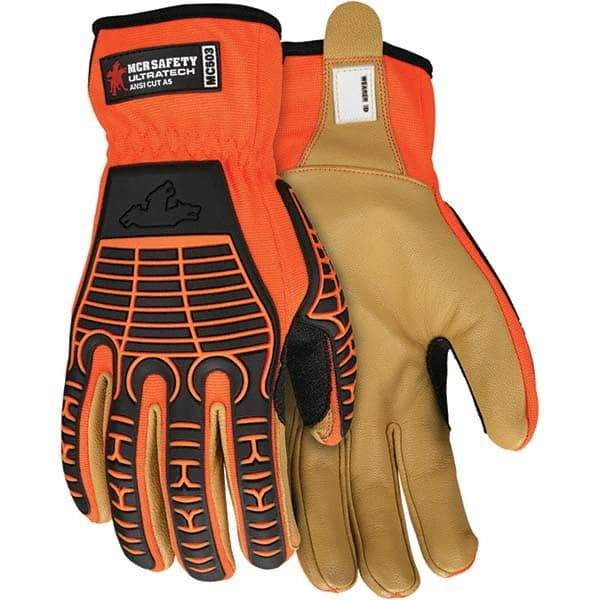 MCR Safety - Size L ANSI Cut Lvl A5, Abrasion Lvl 4, Goatskin Cut Resistant Gloves - Uncoated, Dyneema Diamond Lining, Slip-On Cuff, Orange/Gold, Paired - Americas Industrial Supply