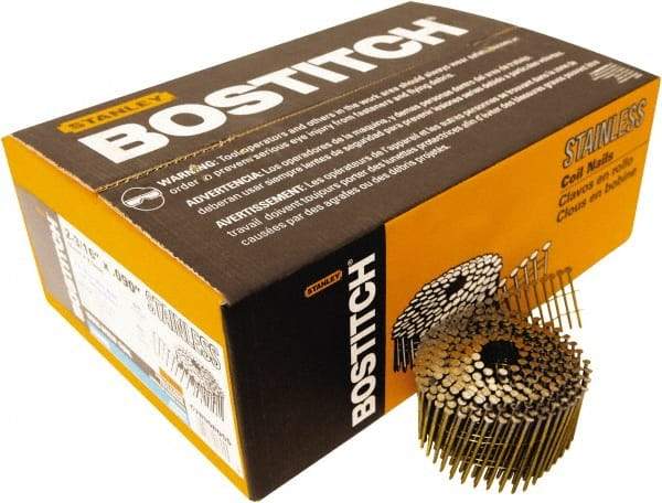 Stanley Bostitch - 13 Gauge 2-3/16" Long Siding Nails for Power Nailers - Steel, Stainless Steel Finish, Ring Shank, Coil Wire Collation, Round Head, Blunt Diamond Point - Americas Industrial Supply