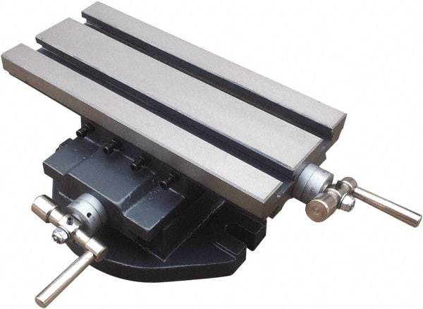 Interstate - 5-1/2" Table Width x 11-13/16" Table Length, 3.94" Cross Travel x 7.09" Longitudinal Travel, Slide Machining Table - 4.84" Overall Height, Two 5/8" Longitudinal T Slots - Americas Industrial Supply