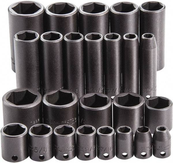 Proto - 25 Piece 3/8" Drive Full Polish Finish Deep Well Impact Socket Set - 6 Points, 1" to 1" Range, Inch Measurement Standard - Americas Industrial Supply