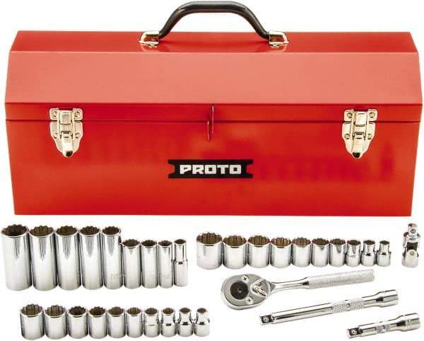 Proto - 34 Piece 3/8" Drive Chrome Finish Deep Well Socket Set - 12 Points, 5/16" (8mm to 19mm) Range, Inch/Metric Measurement Standard - Americas Industrial Supply
