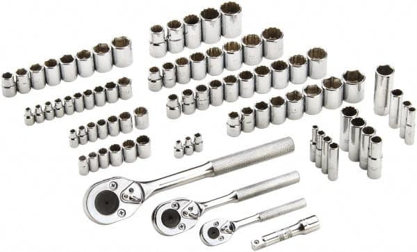 Proto - 81 Piece 1/4", 3/8" & 1/2" Drive Full Polish Finish Deep Well Socket Set - 6, 12 Points, 1/4" to 13/16" (4mm to 19mm) Range, Inch/Metric Measurement Standard - Americas Industrial Supply