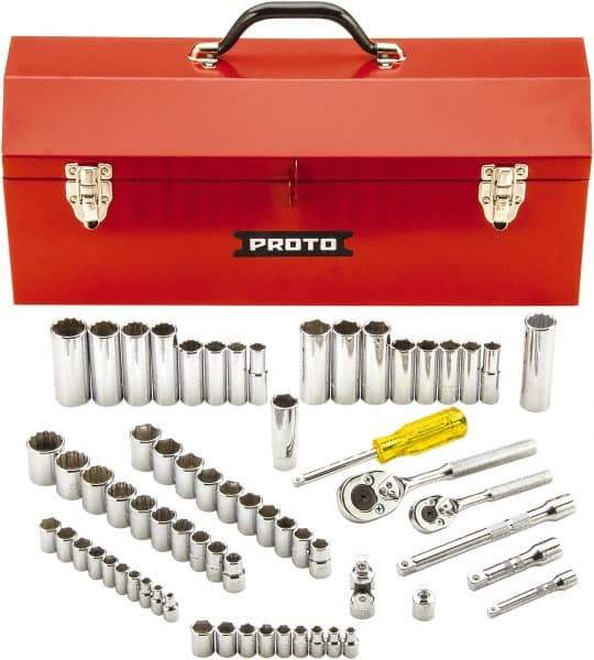 Proto - 65 Piece 1/4" & 3/8" Drive Full Polish Finish Deep Well Socket Set - 6, 12 Points, 1/4" to 7/8" (4mm to 19mm) Range, Inch/Metric Measurement Standard - Americas Industrial Supply