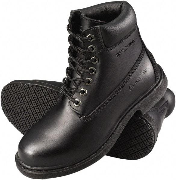 Genuine Grip - Men's Size 11.5 Wide Width Plain Work Boot - Black, Leather Upper, Rubber Outsole, 6" High, Dielectric, Non-Slip, Waterproof - Americas Industrial Supply