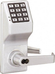 Alarm Lock - Combination Entry Lever Lockset with Key Override - 2-3/4" Back Set, Steel, Brushed Chrome Finish - Americas Industrial Supply
