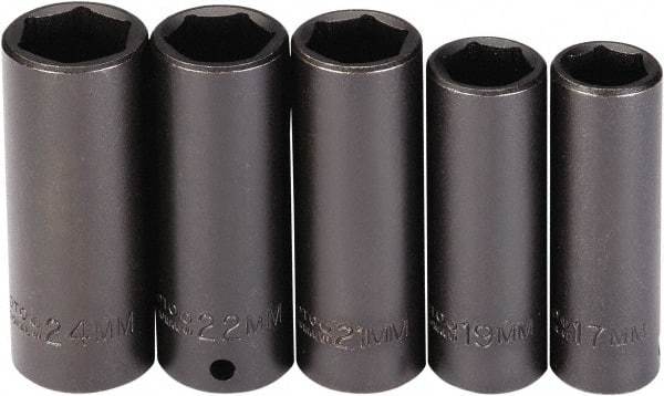 Proto - 5 Piece 1/2" Drive Black Finish Deep Well Socket Set - 6 Points, 17mm to 24mm Range, Metric Measurement Standard - Americas Industrial Supply