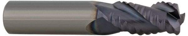ProMax - 9/16" Diam, Coarse Pitch, 1-1/4" LOC, 4 Flute Solid Carbide 0.055-0.065" Corner Radius Roughing End Mill - TiCN Finish, 3-1/2" OAL, 9/16" Shank Diam, Single End, Centercutting, 30° Helix - Americas Industrial Supply