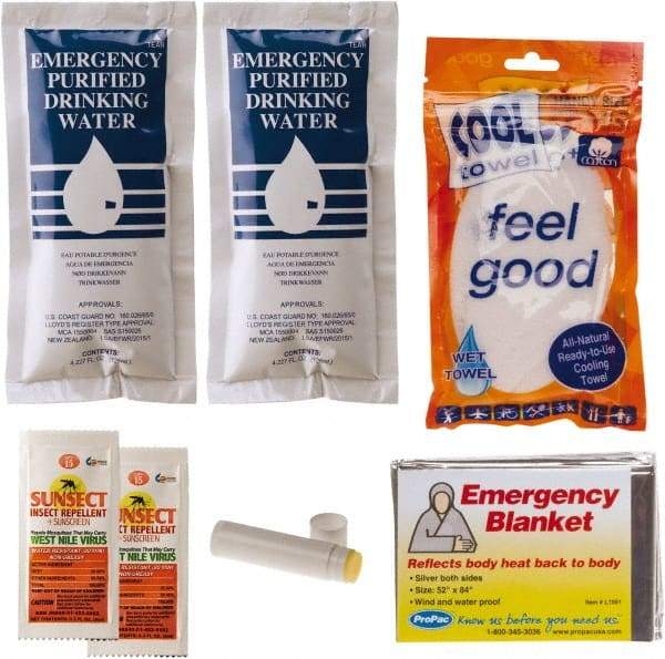 PRO-SAFE - Emergency Preparedness Kits Type: Cool Down Emergency Kit Contents: (2) Emergency Drinking Water Packets; (2) Sunscreen + Insect Repellant Cream; Cooling Towel; Emergency Mylar Blanket; Lip Balm - Americas Industrial Supply