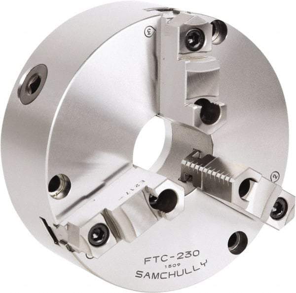 Samchully - 3 Jaw, 192mm Diam, Self Centering Manual Lathe Chuck - Front Mount, Adjustable, 57mm Through Hole Diam, Forged Steel - Americas Industrial Supply