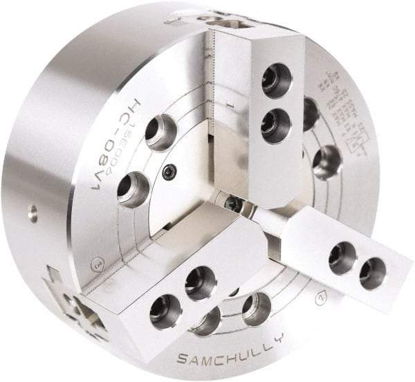 Samchully - 3 Jaw, 135mm Chuck Diam, Plain Back Mount, 0mm Through Hole Diam, Drawbar Hydraulic Power Lathe Chuck - 1.5mm x 60° Serrated Jaw Interface, 5,500 RPM, Steel Body - Americas Industrial Supply