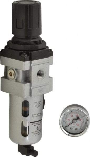 PRO-SOURCE - 1/4" NPT Port Intermediate 1 Piece Filter/Regulator FRL Unit - Polycarbonate Bowl, 63 SCFM, 145 Max psi, 8.66" High, Manual Drain - Americas Industrial Supply