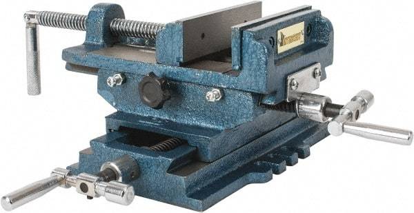 Interstate - 5-5/16" Jaw Opening Capacity x 1-5/16" Throat Depth, Horizontal Drill Press Vise - 5" Wide x 1-5/16" High Jaw, Cross Slide Base, Standard Speed, 10" OAL x 5.3" Overall Height, Cast Iron - Americas Industrial Supply