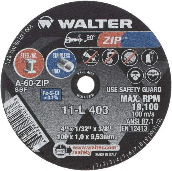 WALTER Surface Technologies - 4" 60 Grit Aluminum Oxide Cutoff Wheel - 1/32" Thick, 3/8" Arbor, 19,100 Max RPM, Use with Die Grinders - Americas Industrial Supply