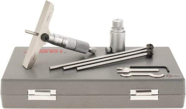 SPI - 0 to 100mm Range, 4 Rod, Mechanical Depth Micrometer - Ratchet Stop Thimble, 100mm Base Length, 0.01mm Graduation, 4.5mm Rod Diam - Americas Industrial Supply
