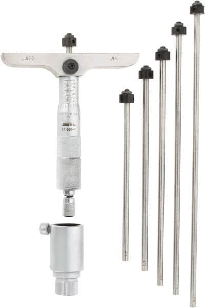 SPI - 0 to 6" Range, 6 Rod, Mechanical Depth Micrometer - Ratchet Stop Thimble, 4" Base Length, 0.001" Graduation, 4.5mm Rod Diam - Americas Industrial Supply