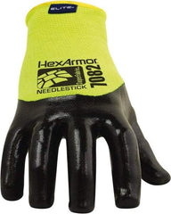 HexArmor - Size M (8), ANSI Cut Lvl A9, Puncture Lvl 4, PVC Coated Cut & Puncture Resistant Gloves - 9" Long, Palm, Fingers & Knuckles Coated, SuperFabric Lining, Knit Wrist, Hi-Vis Yellow/Black, Paired - Americas Industrial Supply