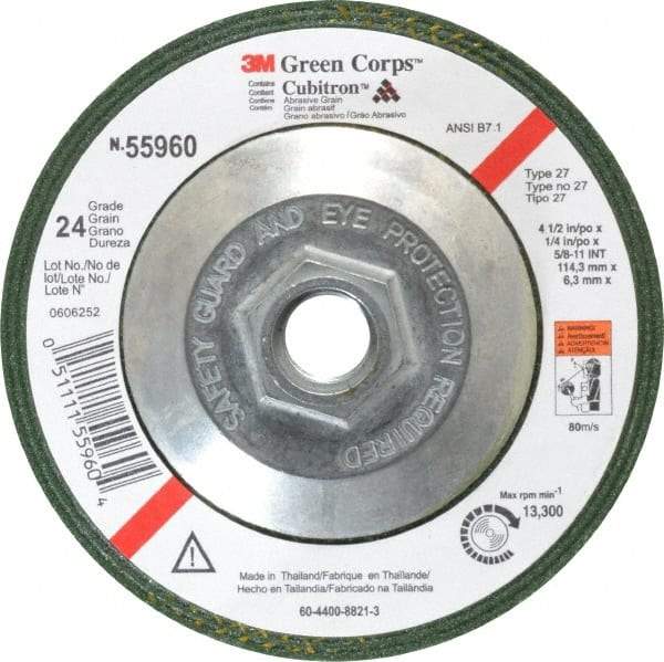 3M - 24 Grit, 4-1/2" Wheel Diam, 1/4" Wheel Thickness, Type 27 Depressed Center Wheel - Ceramic, 13,300 Max RPM, Compatible with Angle Grinder - Americas Industrial Supply