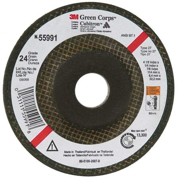 3M - 24 Grit, 4-1/2" Wheel Diam, 1/4" Wheel Thickness, 7/8" Arbor Hole, Type 27 Depressed Center Wheel - Ceramic, 13,300 Max RPM, Compatible with Angle Grinder - Americas Industrial Supply