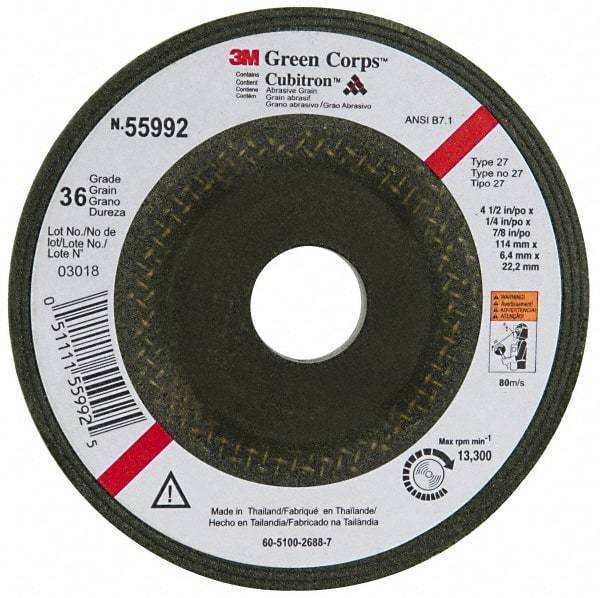 3M - 36 Grit, 4-1/2" Wheel Diam, 1/4" Wheel Thickness, 7/8" Arbor Hole, Type 27 Depressed Center Wheel - Ceramic, 13,300 Max RPM, Compatible with Angle Grinder - Americas Industrial Supply