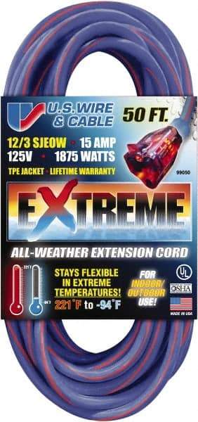 Value Collection - 50', 12/3 Gauge/Conductors, Blue/Pink Indoor & Outdoor Extension Cord - 1 Receptacle, 15 Amps, 125 Volts, UL SJEOW, NEMA 5-15P - Americas Industrial Supply